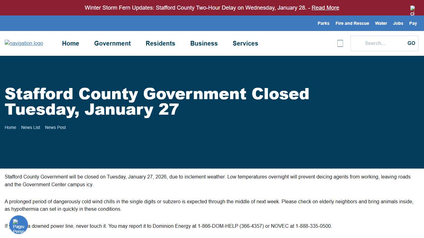 Stafford County Government Closed Tuesday, January 27